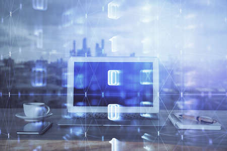 Double exposure of computer and technology theme hologram. Concept of freelance work.