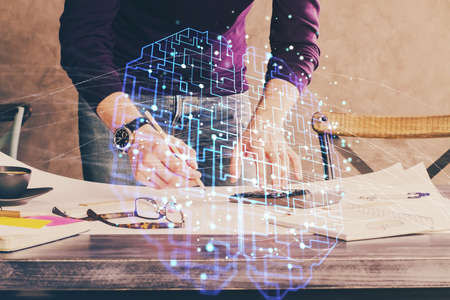 Haman brain double exposure icon with man hands background. Concept of Ai.の写真素材