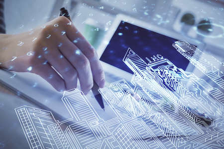 IOT drawing over writing hands in notepad background. Concept of smaert home. Multi exposure