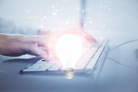 Growing arrows with businessman working on computer on background. Success concept. Double exposure.
