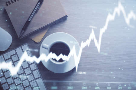 Multi exposure of forex chart drawing and work table top veiw. Concept of financial analysis.