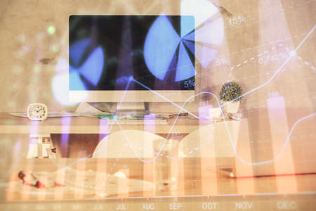 Multi exposure of financial graph drawing and office interior background. Concept of market analysis.の写真素材