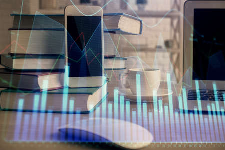 Double exposure of financial graph drawing and cell phone background. Concept of forex trading