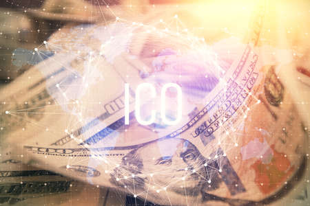 Multi exposure of crypto theme drawing over us dollars bill background. Concept of blockchain...