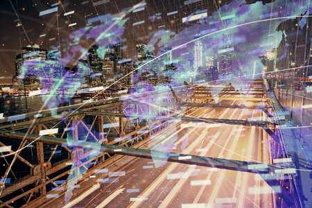Data theme hologram drawing on city view with skyscrapers background double exposure. Ai concept.