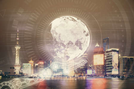 Map and data theme hologram on city view with skyscrapers background double exposure. International...