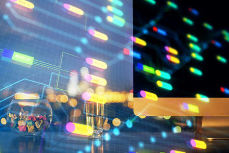 Multi exposure of desktop with computer on background and tech theme drawing. Concept of big data.の写真素材