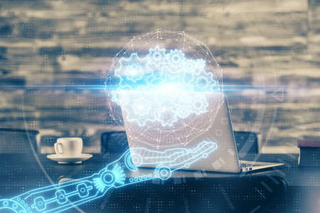 Double exposure of desktop with computer on background and tech theme drawing. Concept of big data.