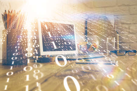 Double exposure of desktop with personal computer on background and tech theme drawing. Concept of...