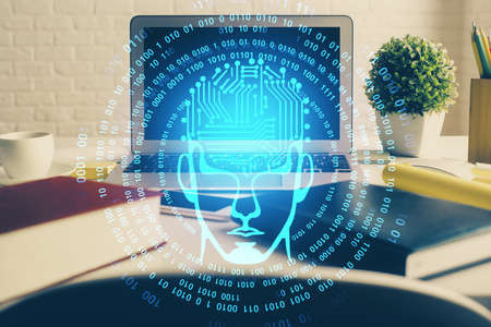 Double exposure of work space with computer and human brain drawing hologram. Brainstorm concept.