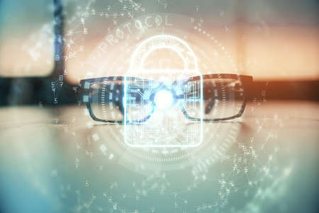 Lock drawings with glasses on the table background. concept of security. Double exposure.