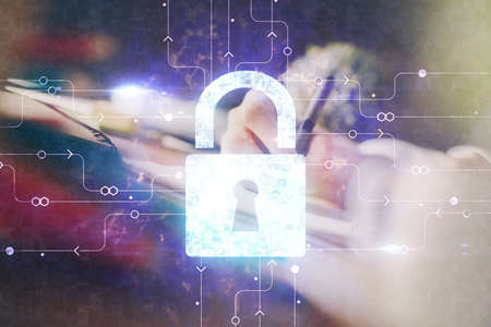 Double exposure of woman's hands writing with lock icon. Concept of security and protection of data