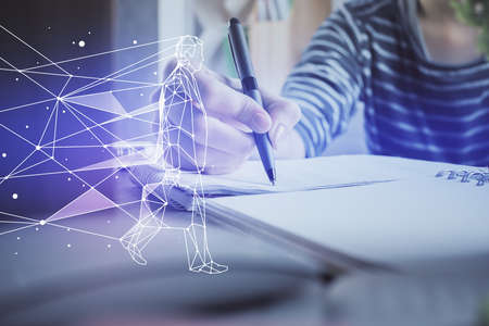 Start up creative drawing over close up hands on background. Concept of brainstorming. Multi exposureの写真素材