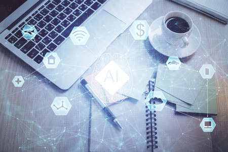 Double exposure of data theme drawing hologram over topview work table background with computer. Concept of technology.の写真素材