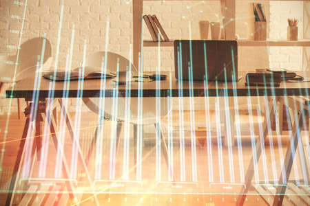 Multi exposure of stock market chart drawing and office interior background. Concept of financial...