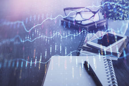 Double exposure of forex chart drawing and cell phone background. Concept of financial trading