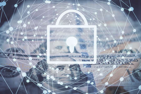 Double exposure of lock drawing over us dollars bill background. Security safe concept.の写真素材