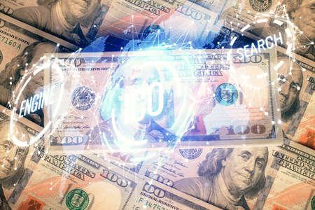 Multi exposure of crypto theme drawing over us dollars bill background. Concept of blockchain...