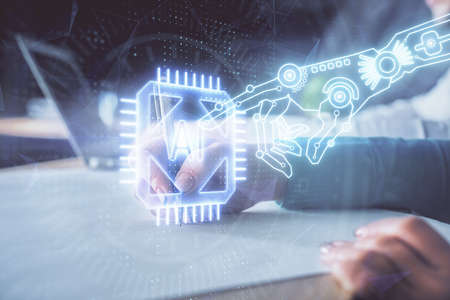 Double exposure of data theme sketch drawing over people writing background. Concept of technology
