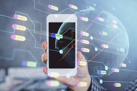 Multi exposure of man's hands holding and using a digital device and map drawing. International...