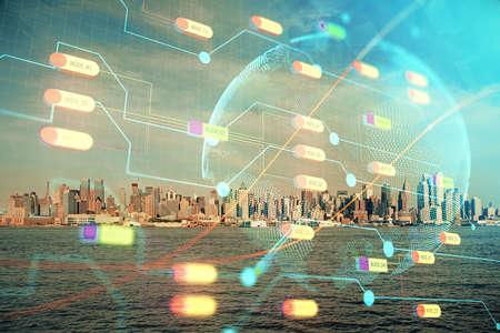 Map and data theme hologram on city view with skyscrapers background double exposure. International...
