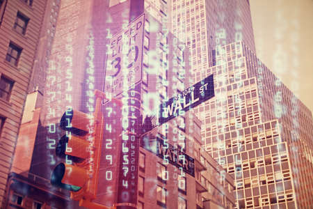 Data theme hologram drawing on city view with skyscrapers background multi exposure. Bigdata...