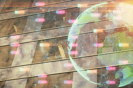 Map and data theme hologram on city view with skyscrapers background double exposure. International...