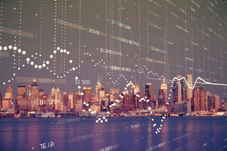 Data theme hologram drawing on city view with skyscrapers background double exposure. Ai concept.の写真素材