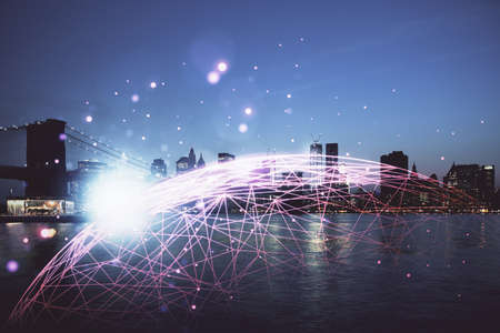Multi exposure of social network theme drawing and cityscape background. Concept of people...