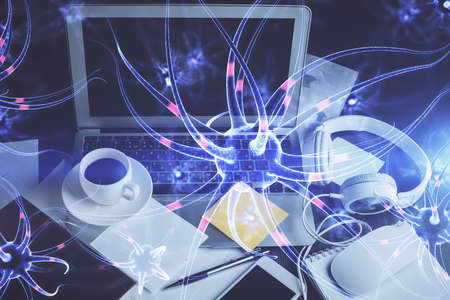 Desktop computer background and neuron drawing. Double exposure. Education concept.の写真素材