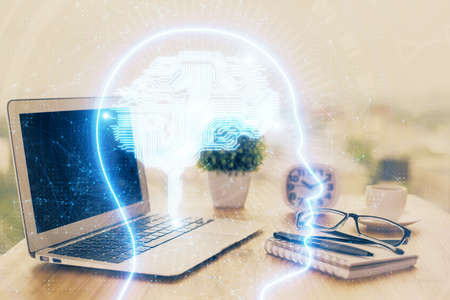 Double exposure of desktop computer and human brain drawing hologram. Ai concept.