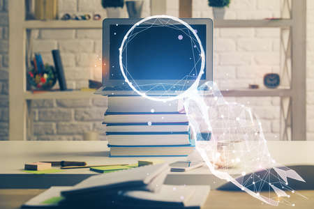Desktop computer background in office and start up theme hologram drawing. Double exposure. Startup...