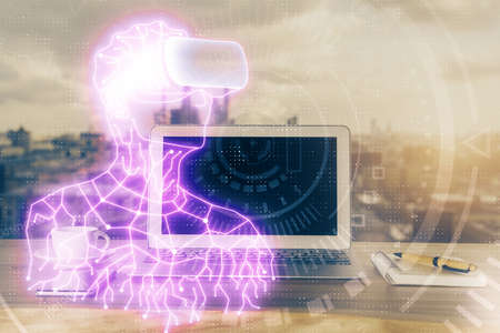 Computer on desktop with AR theme icon. Multi exposure. Concept of augmented reality.