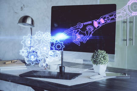 Double exposure of computer and technology theme hologram. Concept of freelance work.