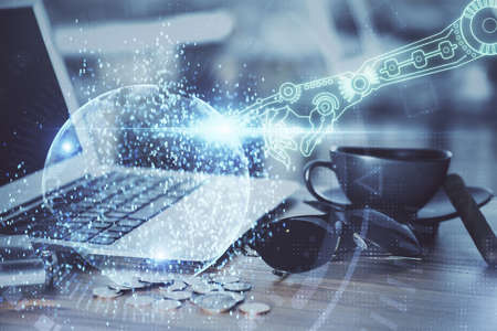 Double exposure of computer and technology theme hologram. Concept of freelance work.