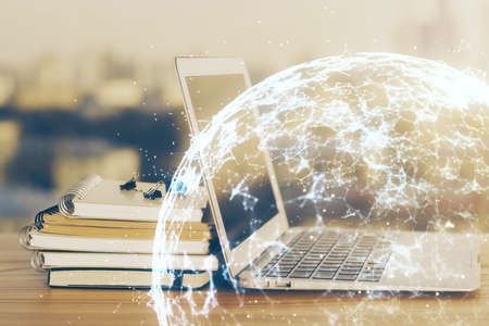 Computer on desktop with social network theme icon. Multi exposure. Concept of international...