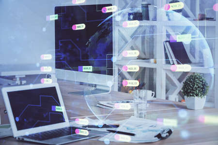 Multi exposure of computer on background and technology theme drawing. Concept of innovation.
