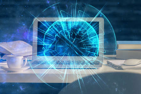 Multi exposure of business theme icons and table with computer background. Concept of success.