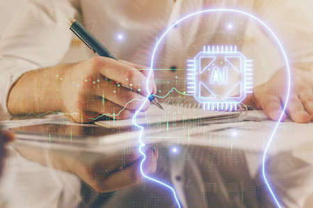 Man's hands with atificial intelligence double exposure icon. Concept of computer learning.