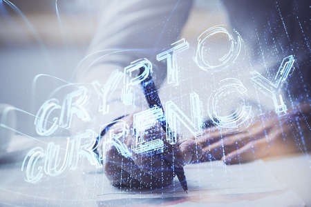 Businessman with hands background. Multi exposure with crypto currency concept.
