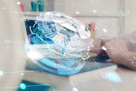 Multi exposure of woman hands on background with technology coding hologram. Data concept.の写真素材
