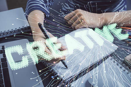 Start up creative drawing over close up hands on background. Concept of brainstorming. Multi...