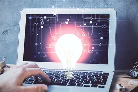 Growing arrows with businessman working on computer on background. Success concept. Double exposure.