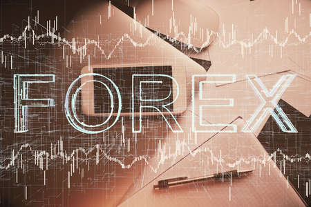 Multi exposure of forex graph hologram over desktop with phone. Top view. Mobile trade platform...