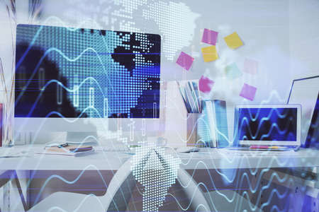 Double exposure of financial graph drawing and office interior background. Concept of stock market.