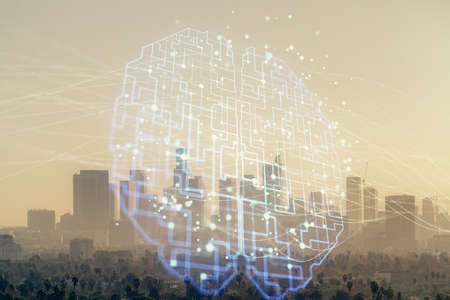 Brain hologram drawing on cityscape background multi exposure. Ai in modern city concept.