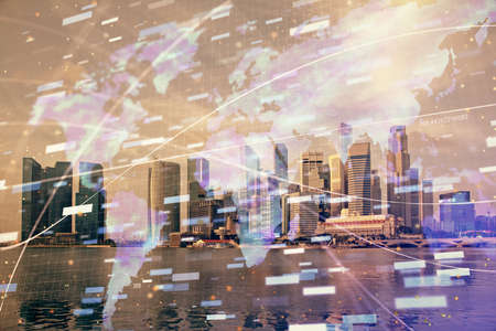 Data theme hologram drawing on city view with skyscrapers background multi exposure. Bigdata...