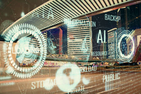 Data theme hologram drawing on city view with skyscrapers background double exposure. Ai concept.の写真素材