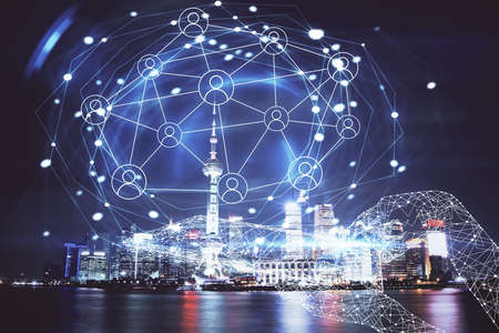 Multi exposure of social network theme drawing and cityscape background. Concept of people...