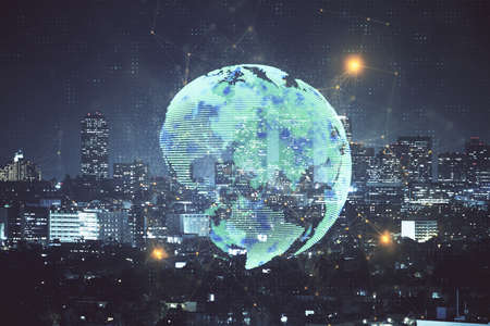 Multi exposure of social network theme drawing and cityscape background. Concept of people...